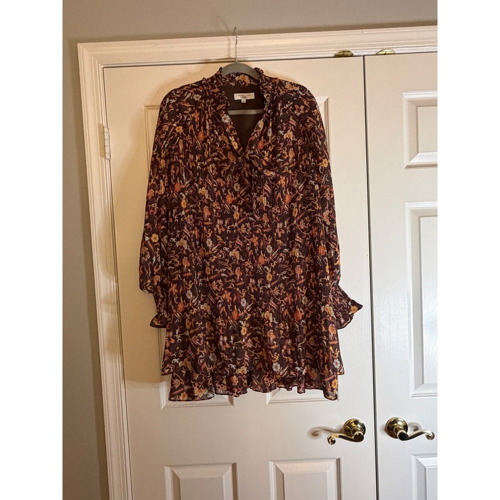 Derek Lam Pleated Floral‎ Mini Dress Womens Brown Boho Autumn Fall Cottagecore